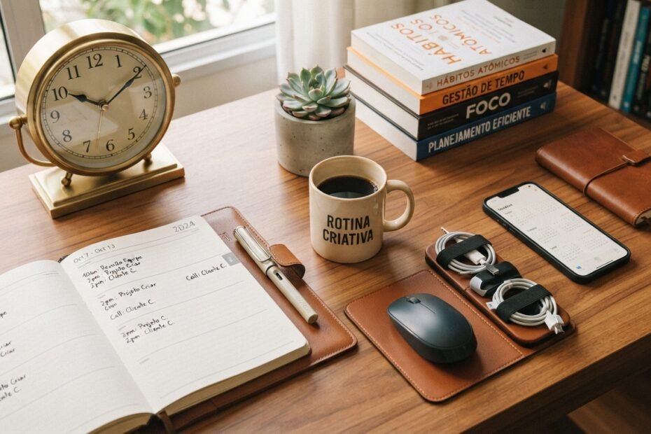 Relógio, agenda e objetos utilizados na rotina sobre uma mesa.