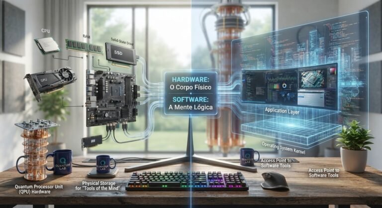 Representação visual comparando software e componentes físicos de um computador.