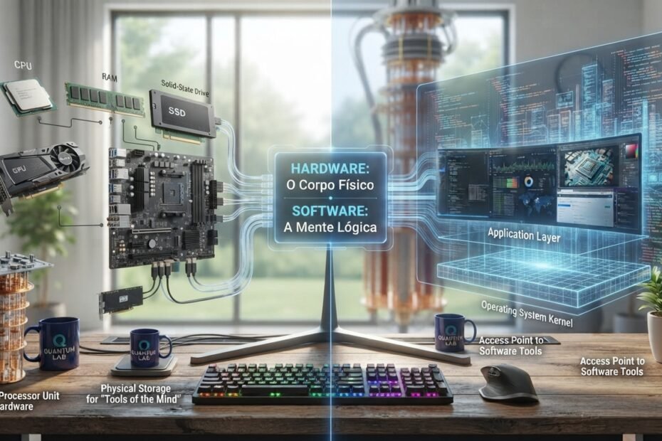 Representação visual comparando software e componentes físicos de um computador.