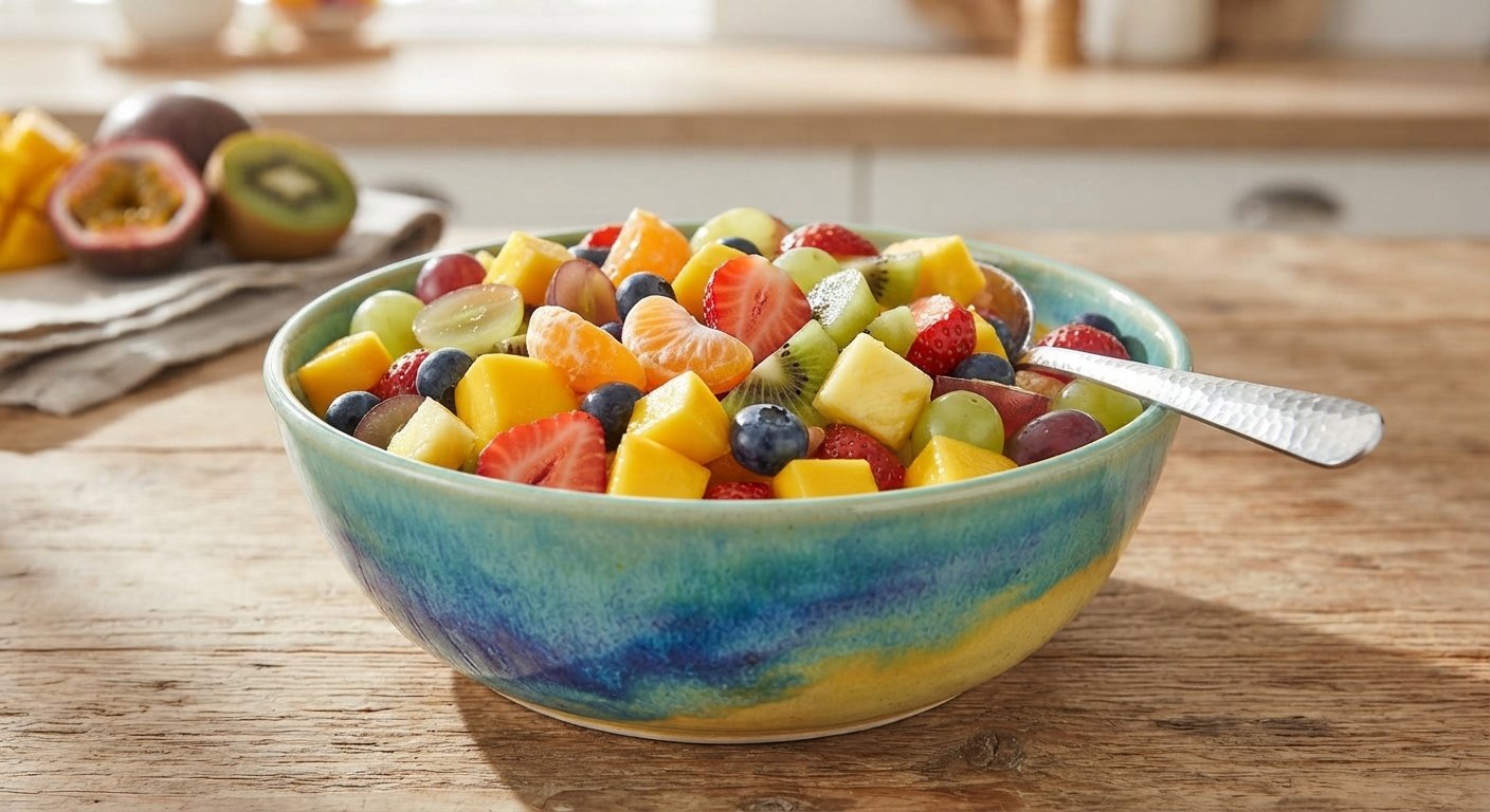 Tigela colorida com diferentes frutas frescas cortadas em pedaços, pronta para servi