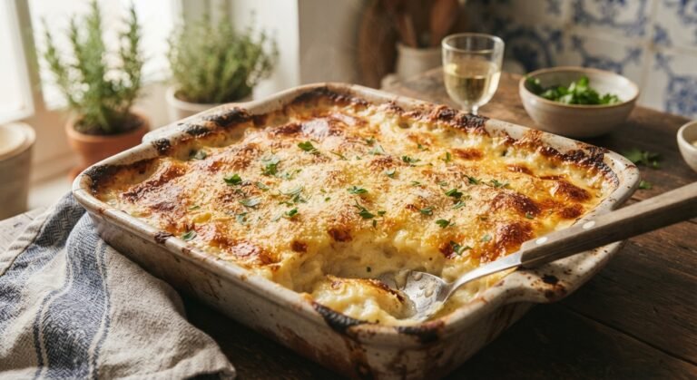 Travessa de bacalhau com natas recém-saída do forno, com cobertura dourada e cremosa.