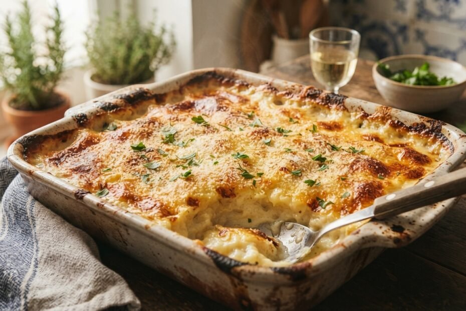 Travessa de bacalhau com natas recém-saída do forno, com cobertura dourada e cremosa.