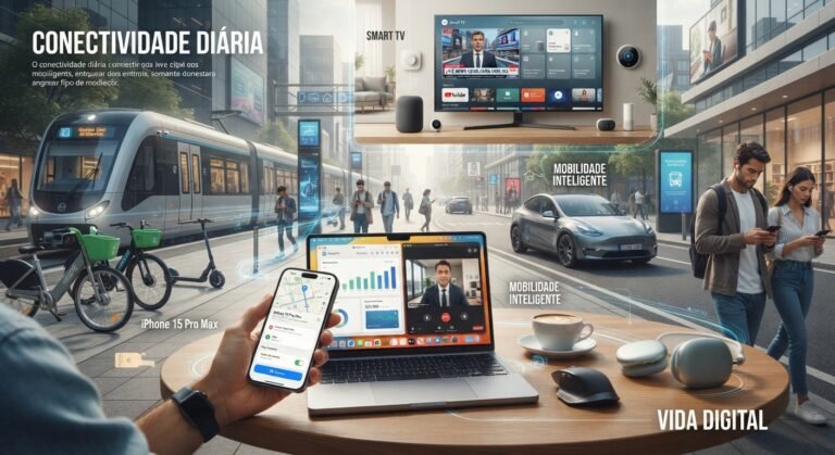 celular, computador, transporte e outros elementos tecnológicos presentes na vida diária.