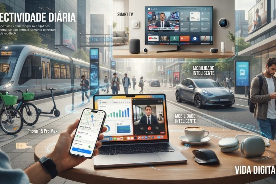celular, computador, transporte e outros elementos tecnológicos presentes na vida diária.