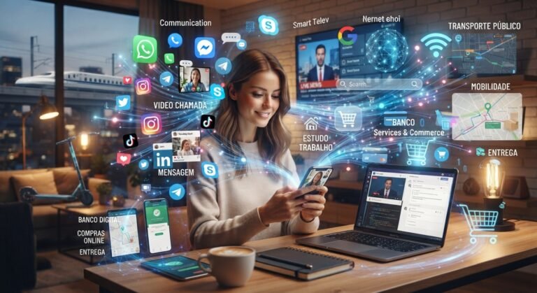 comunicação digital, trabalho, estudo, transporte e serviços realizados com tecnologia.