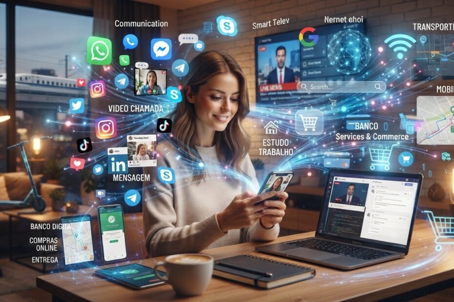 comunicação digital, trabalho, estudo, transporte e serviços realizados com tecnologia.