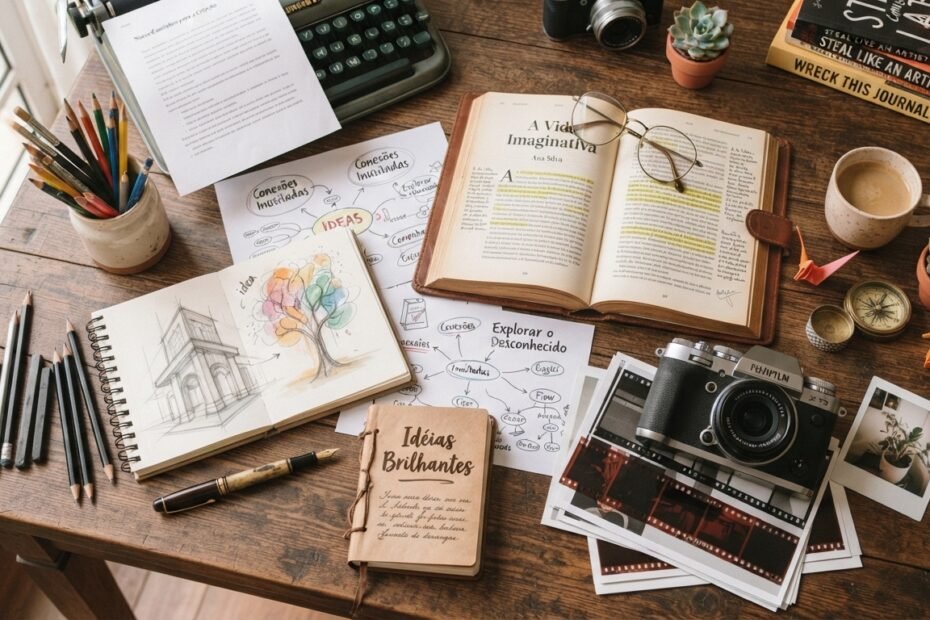 leitura, desenho, escrita, fotografia e outras atividades que estimulem novas ideias.