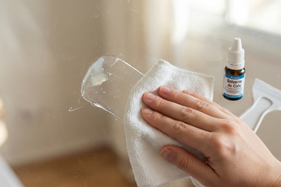 superfície de vidro com resíduo de cola de adesivo sendo limpo com um pano.