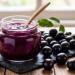 Geleia de jabuticaba roxa e brilhante em um pote de vidro, com frutas frescas ao lado